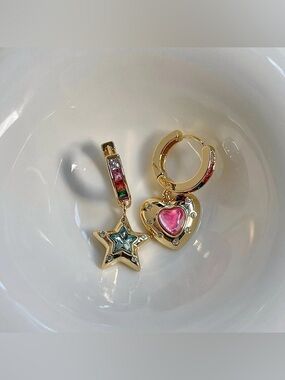 Korean Vintage Rhinestone Heart Star Pendant Gold Drop Earrings
